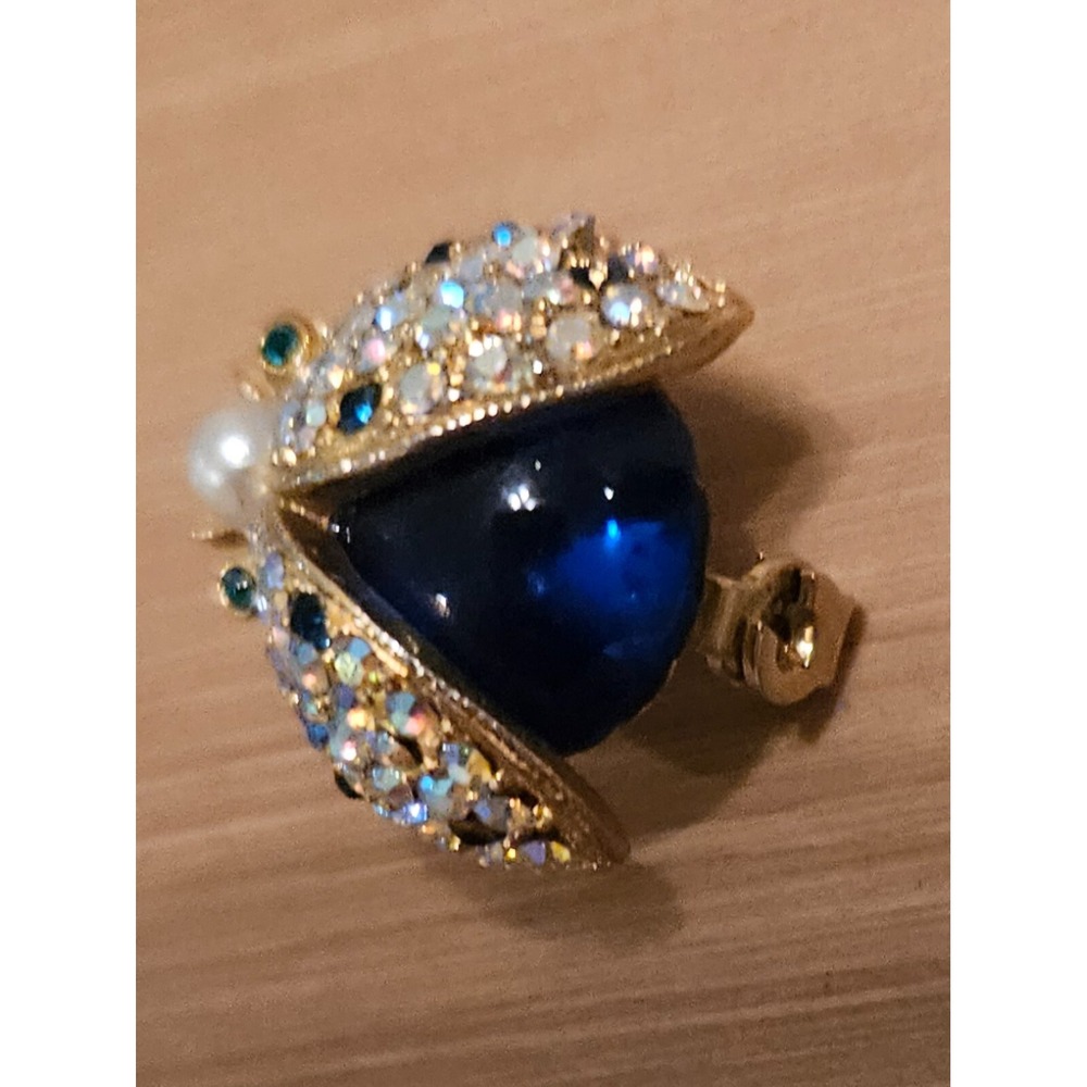 Sparkling Ladybug Brooch Pin Rhinestone Pearl Blue Gemstone Gold Tone - Picture 6 of 16